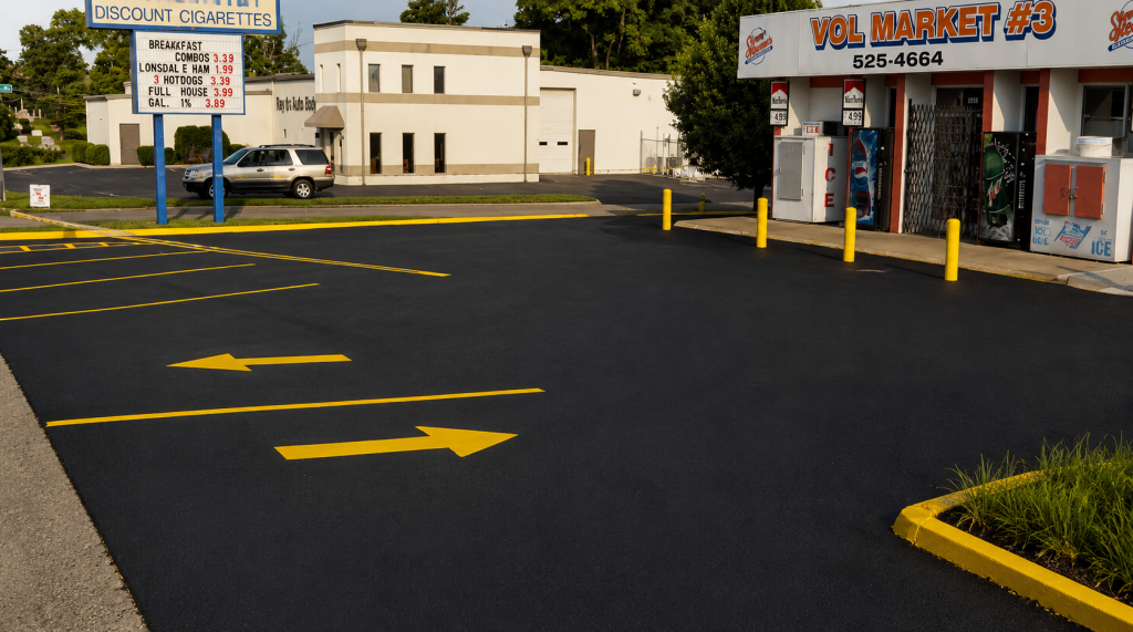 A freshly paved commercial lot in front of a check cashing storefront.